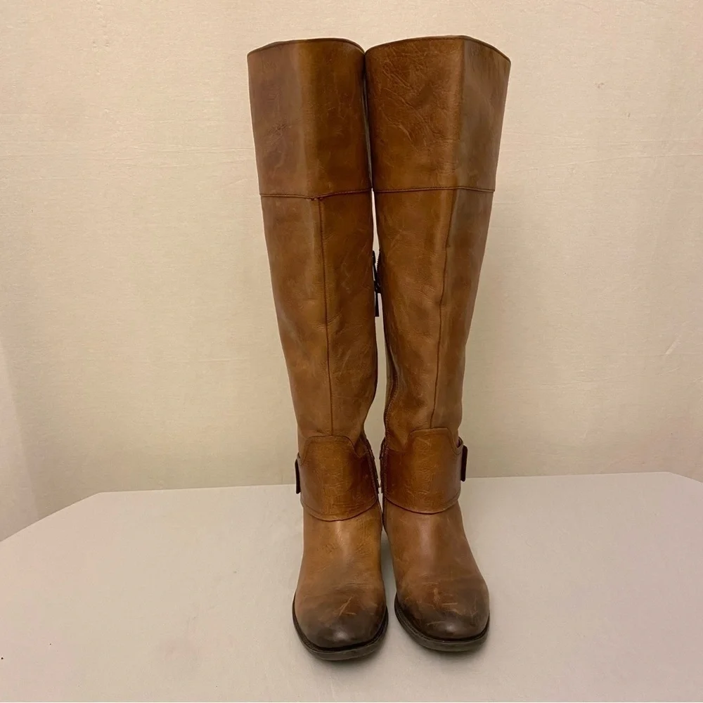 Vince Camuto 6.5 Leather Knee Boots Brown Harness Women’s Zippers Logo